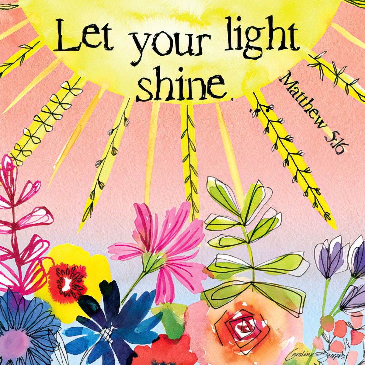 Vibrant magnet with 'Let your light shine. Matthew 5:16' quote, featuring a yellow sun and colorful watercolor flowers in shades of pink, blue, red, and purple.