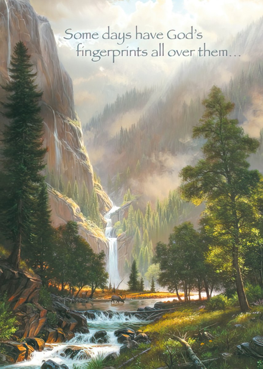 Religious magnet featuring a majestic waterfall cascading down a mountain, lush forest, river, and deer, with text 'God's fingerprints'.