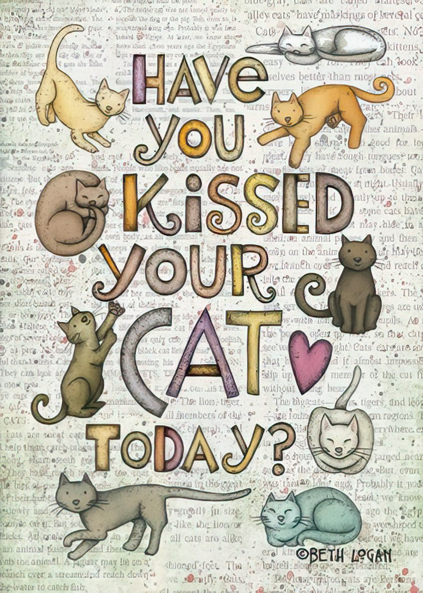 Decorative magnet featuring playful cat illustrations and text "Have you kissed your cat today?" on a textured background.
