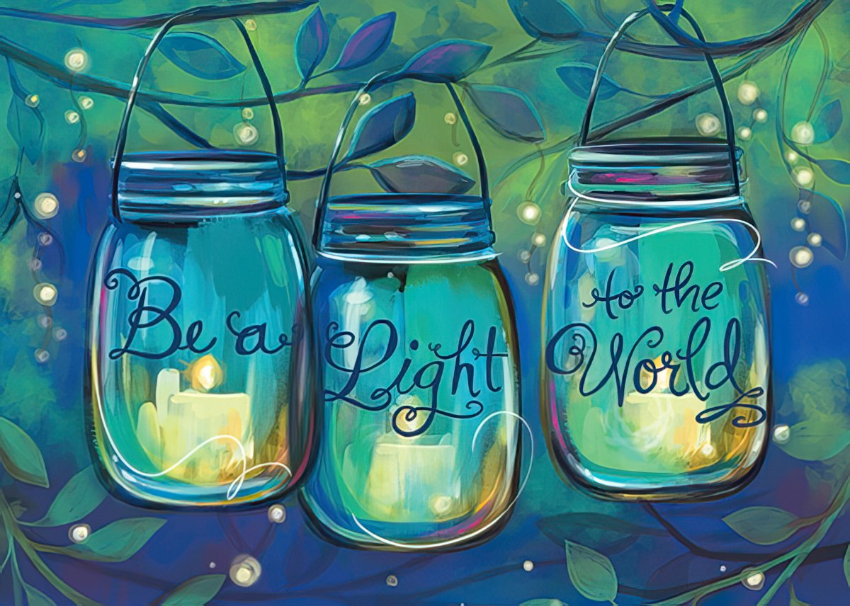 Three glowing mason jars, two with candles, feature the inspirational phrase 'Be a Light to the World' amidst leafy green and blue vines.