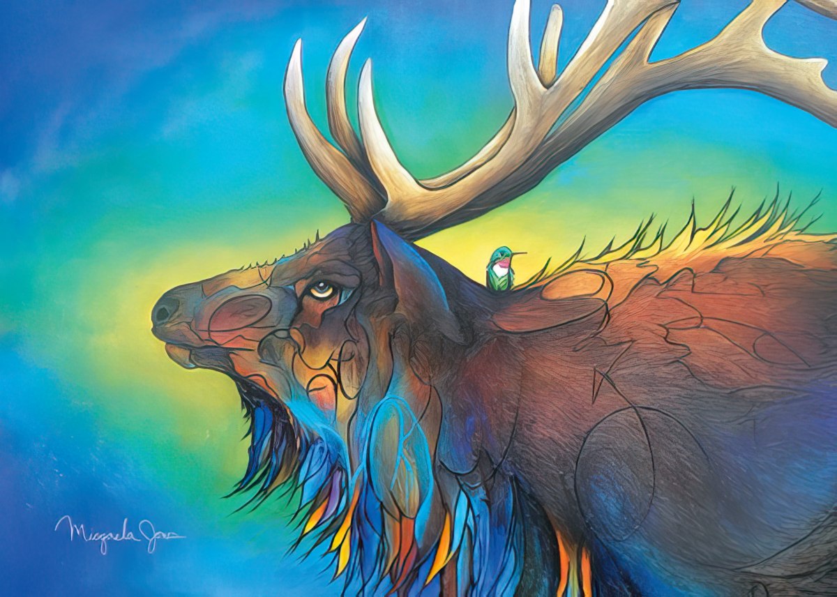 Vibrant Native American inspired abstract art featuring a majestic elk with a tiny hummingbird perched on its back, set against a colorful sky.