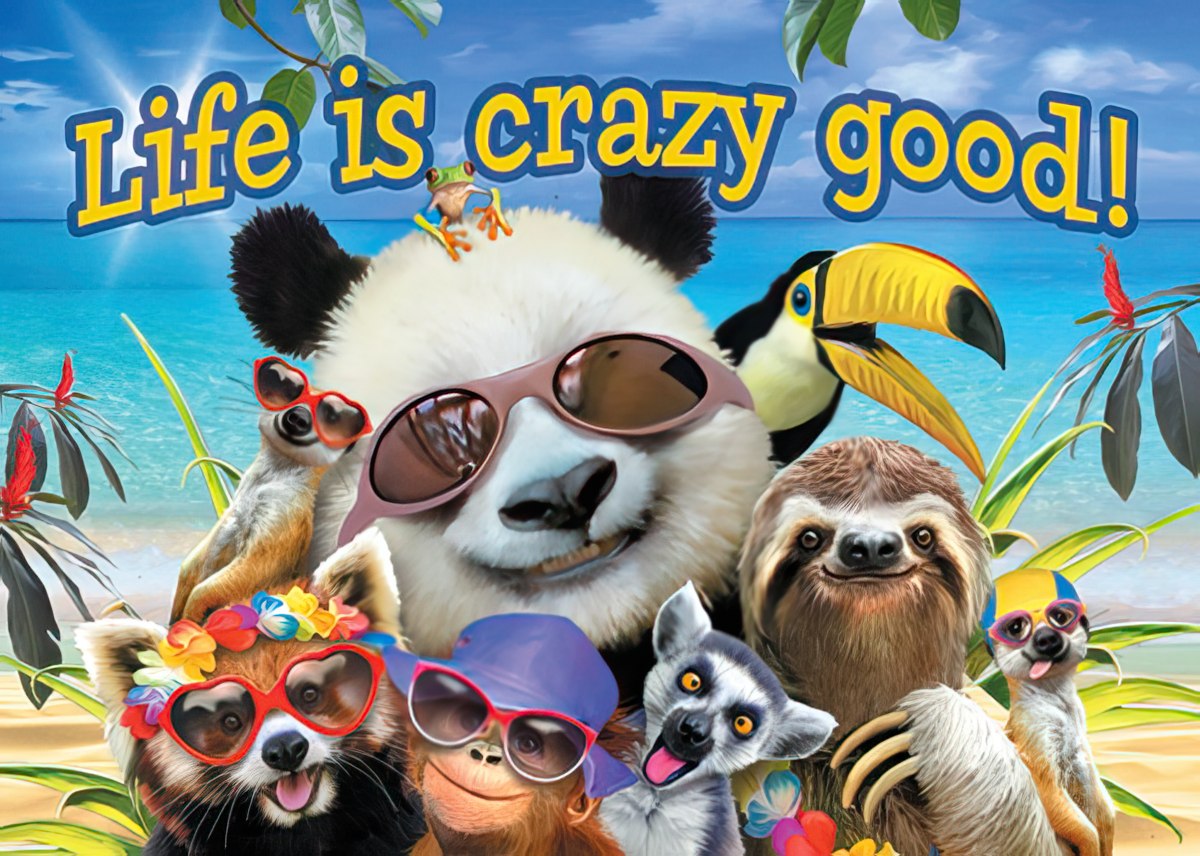 A fun magnet showing a panda, sloth, toucan, red panda, monkey, lemur, and meerkat wearing sunglasses on a beach, text "Life is crazy good!"