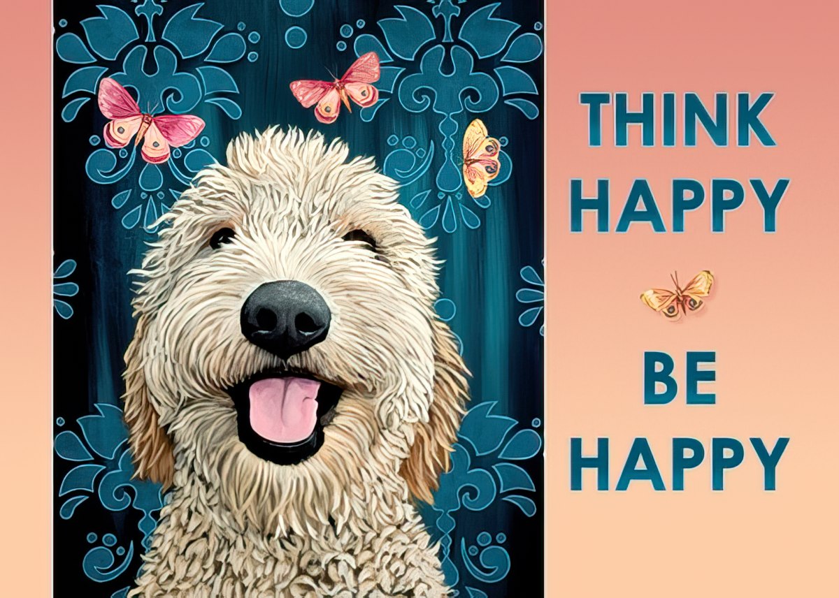 Happy Goldendoodle dog with a smiling face and pink tongue, surrounded by pink and yellow butterflies against a teal damask background. Text "Think Happy Be Happy" on the right.