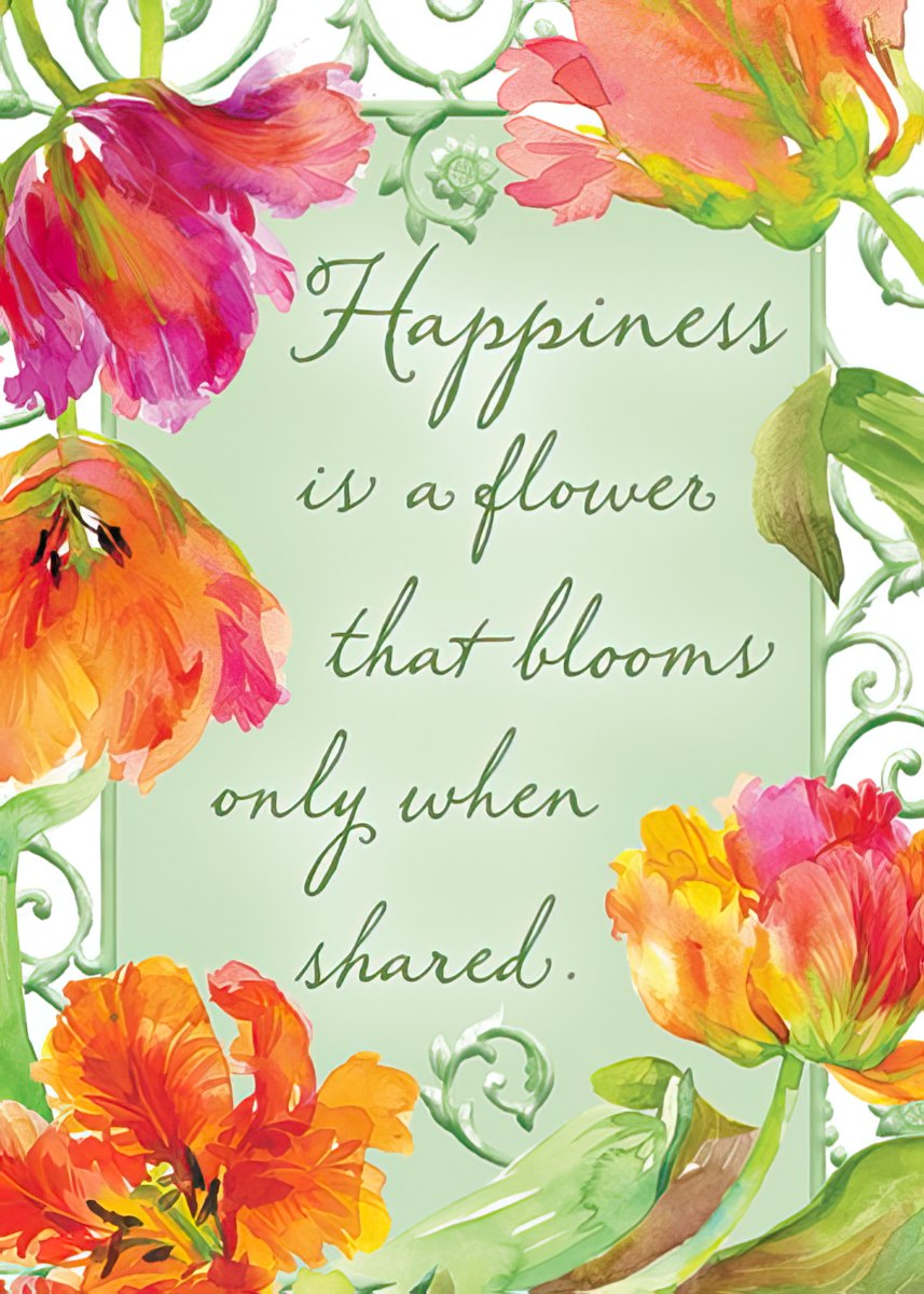 Vibrant watercolor orange, red, and pink tulips border a magnet with the quote 'Happiness is a flower that blooms only when shared' on a light green background.