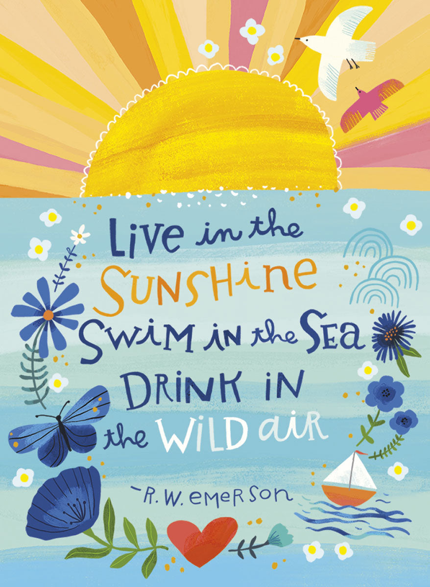Colorful magnet with 'Live in the Sunshine Swim in the Sea Drink in the Wild Air' quote, sun, ocean, butterfly, flowers, and sailboat art.