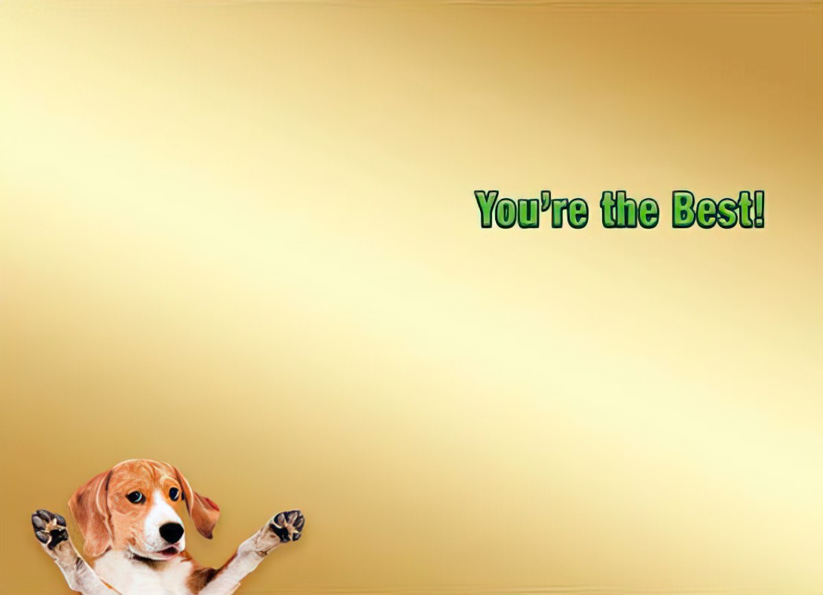 Inside of a thank you card featuring a small beagle dog in the bottom left, with the message 'You're the Best!' on the right.