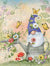 Gnome sitting in watering can with flowers and butterflies