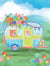 Camper trailer with Happy banner and flowers