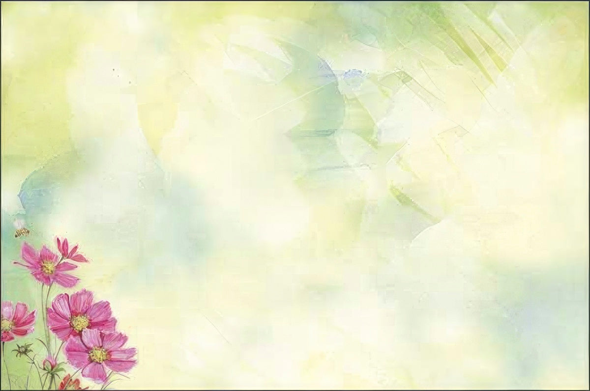 Blank inside of a religious greeting card with a light green watercolor background and pink cosmos in the corner.