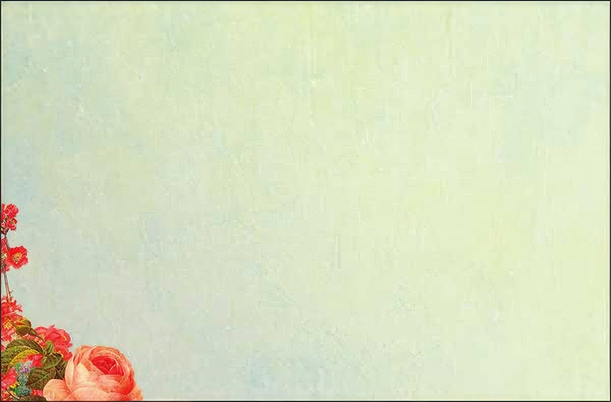 A light green textured blank note card interior with a small floral border of red and pink flowers in the bottom left corner.