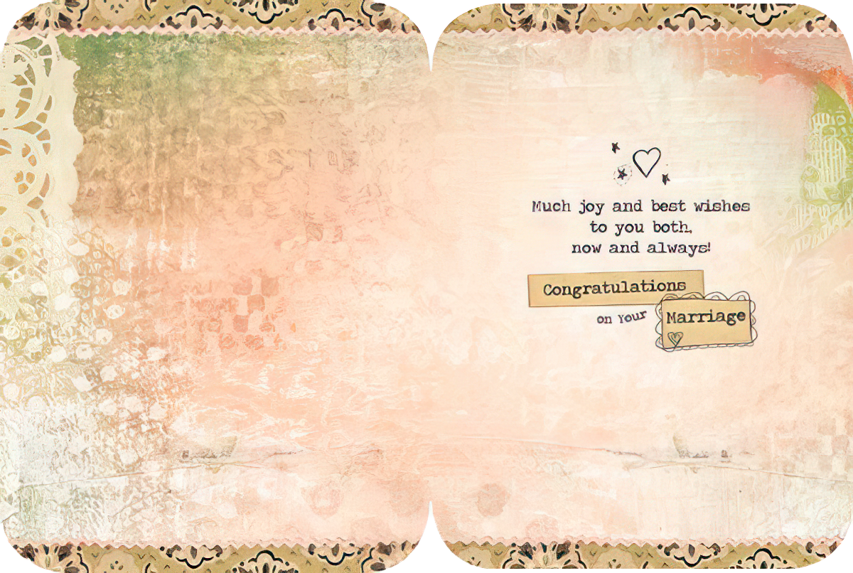 Inside of a warm-toned marriage greeting card with text "Congratulations on your Marriage" and "Much joy and best wishes".