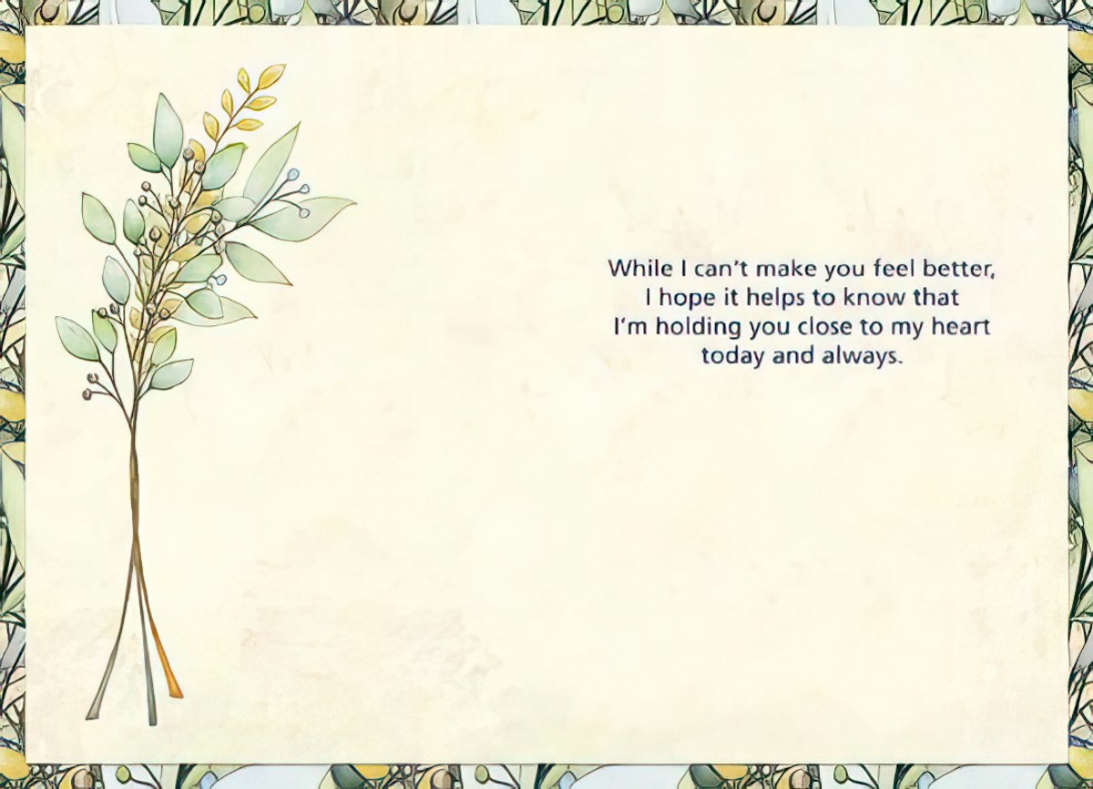 The interior of the "Thinking of You" card with a subtle botanical pattern and a message about offering comfort and support.