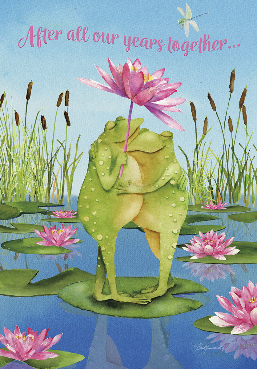 Frogs Hugging on a Lily Pad Anniversary Card