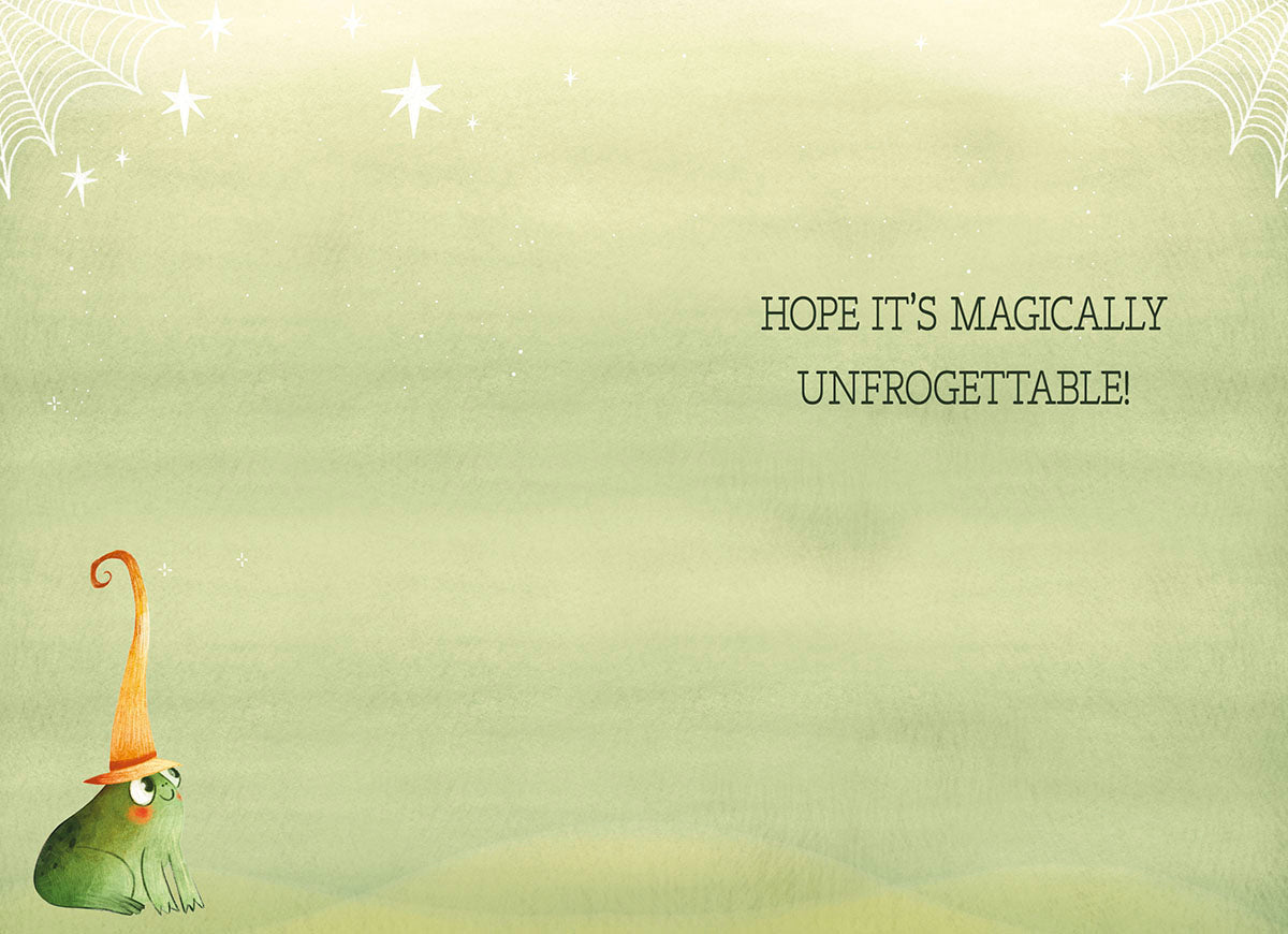 Inside of a Halloween card with a small frog and the playful message 'Hope it's magically unfrogettable!'.
