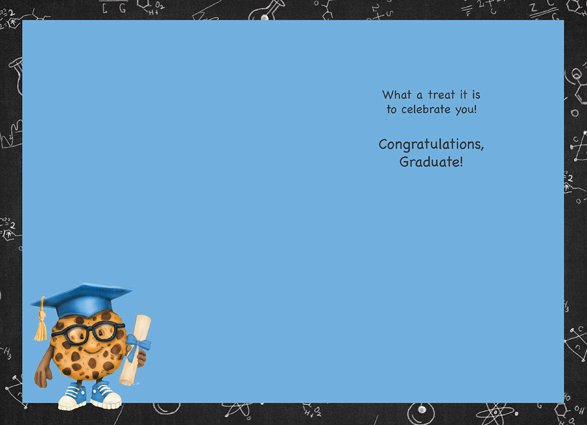 Inside of a cute smart cookie graduation card with 'Congratulations, Graduate!' message and small cookie character.