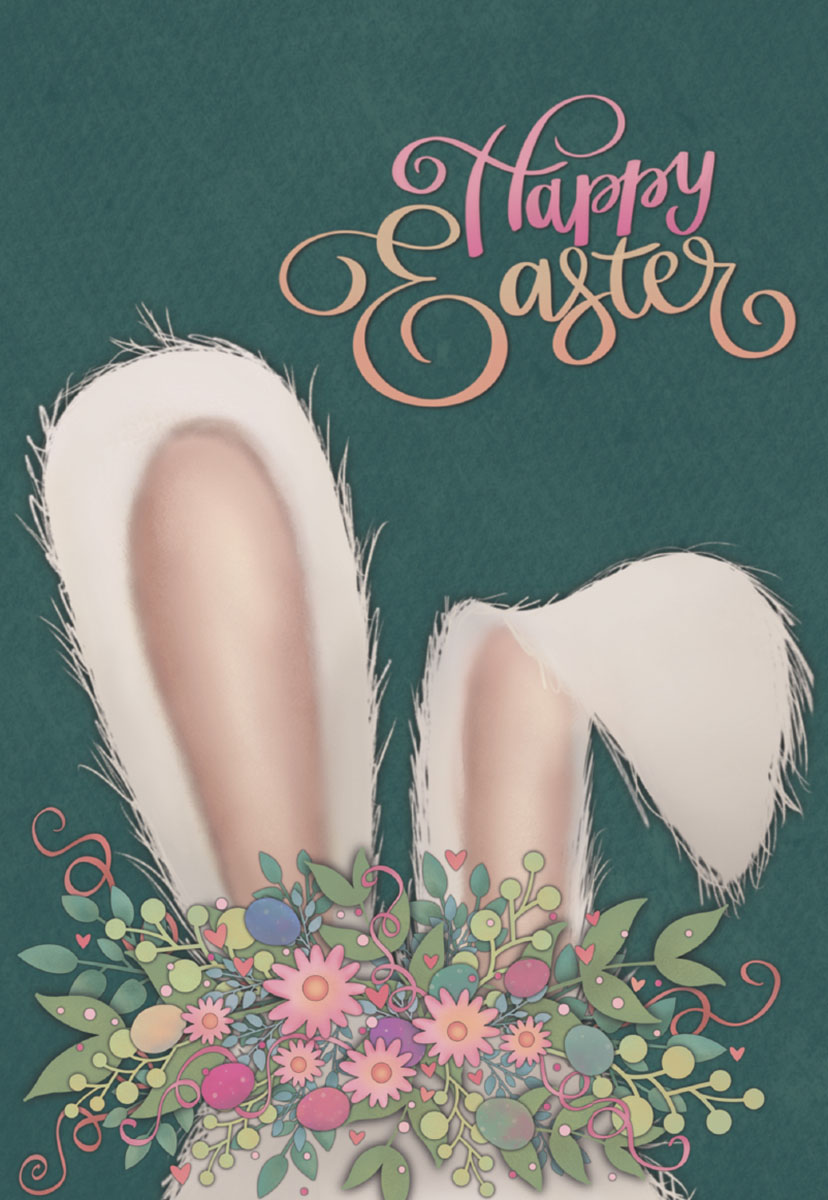 Closeup of white bunny ears adorned with a pink and green flower crown and colorful eggs, on a dark green background.