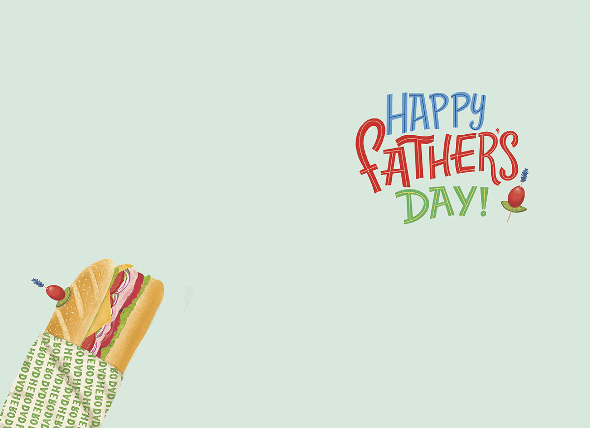 Inside of a Father's Day card with a small sub sandwich illustration and 'Happy Father's Day' message.