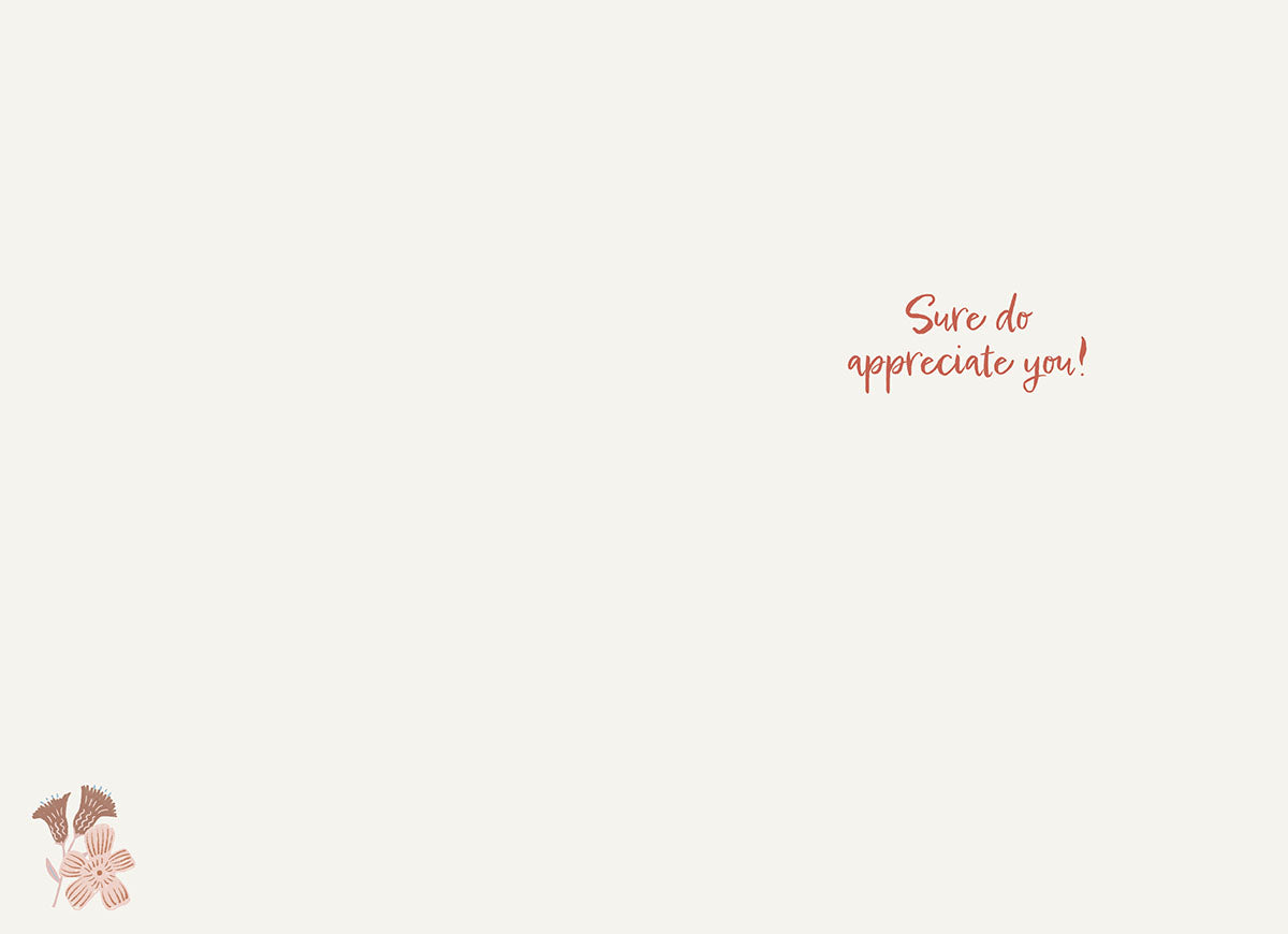 Inside of the Western patch pattern card, with a small floral accent, text: "Sure do appreciate you!".