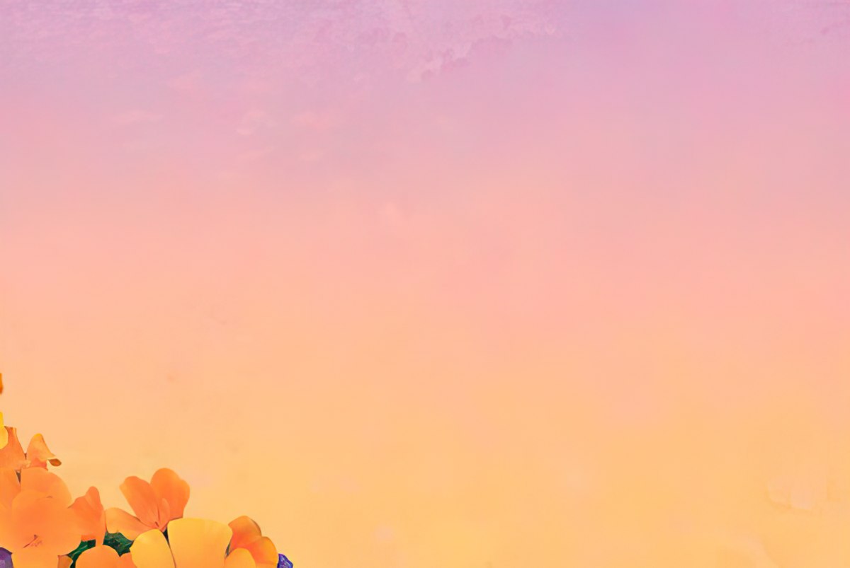A soft gradient background from pink to orange, with yellow and purple flowers blurred in the lower left corner.