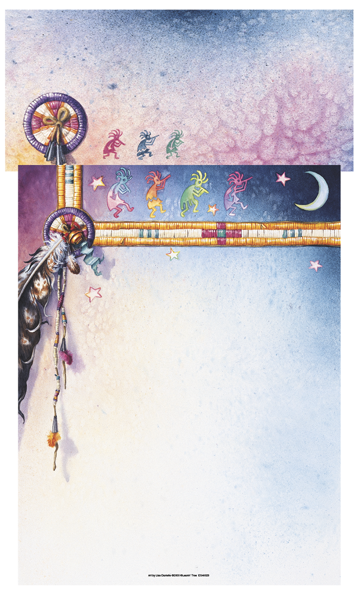 Native American inspired stationery paper featuring colorful Kokopelli figures, a dreamcatcher, feathers, and stars, perfect for writing.