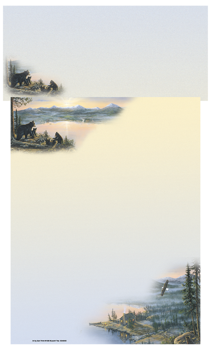 Stationary paper depicting a serene lakeside landscape with a mother bear and cubs, a distant cabin, and an eagle in flight.