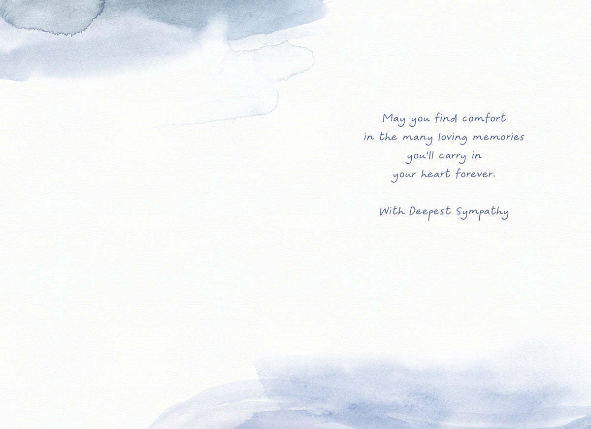 Inside of a soothing sympathy card featuring watercolor blue accents and a comforting message of deepest sympathy.