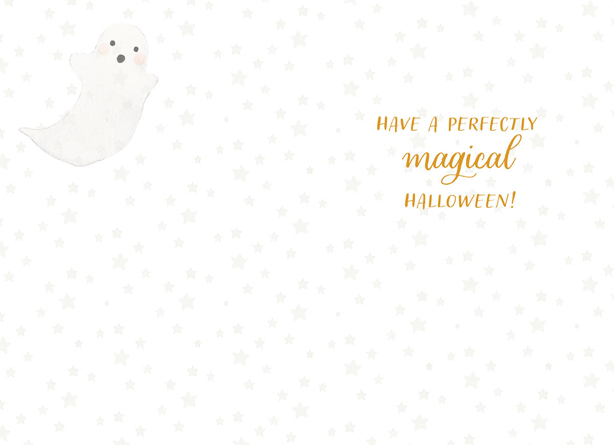 Inside of a Halloween greeting card featuring a friendly ghost and text 'Have a Perfectly Magical Halloween!'