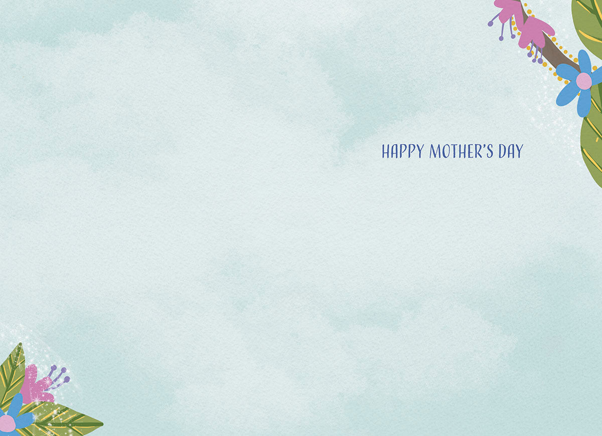 Inside of a light blue greeting card featuring a simple 'Happy Mother's Day' message in blue text.