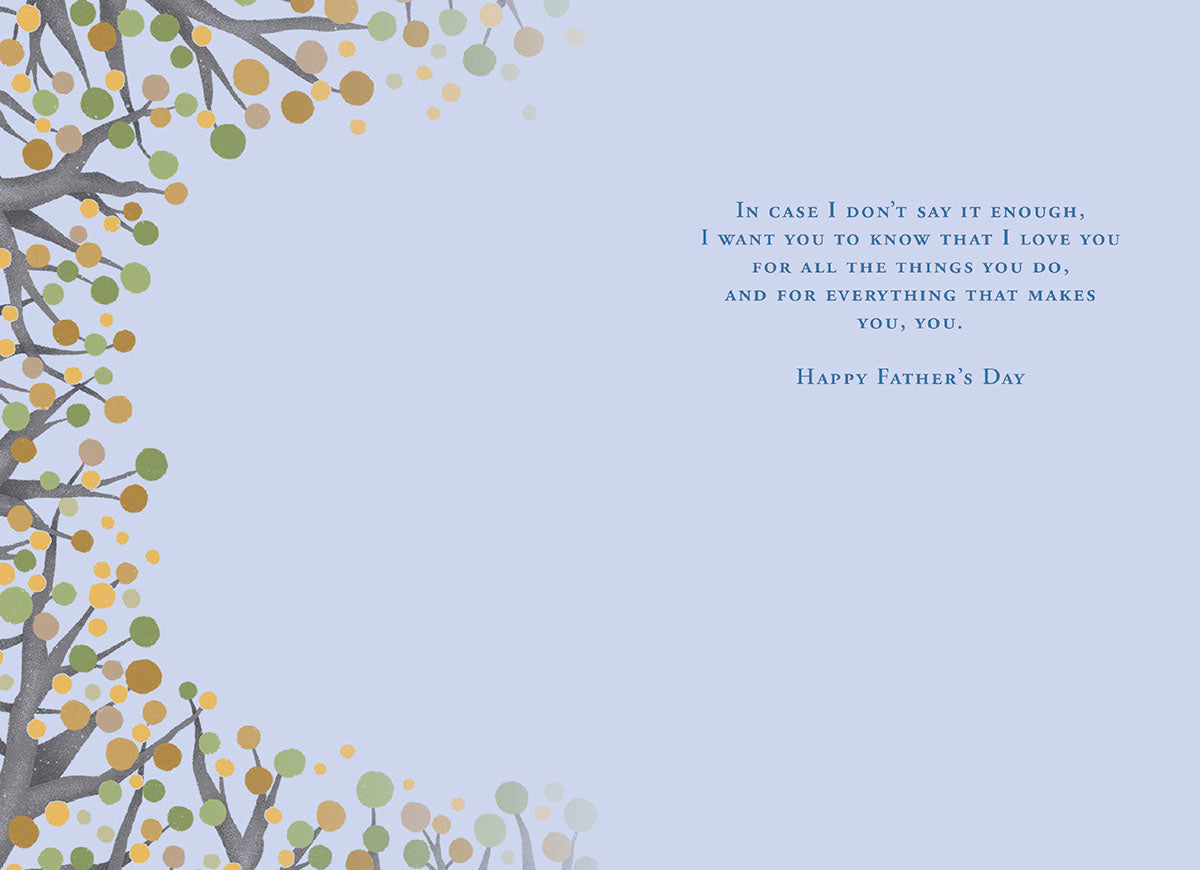 Inside right of a Father's Day card for a husband, showing a continuation of the tree design and a loving 'Happy Father's Day' message.