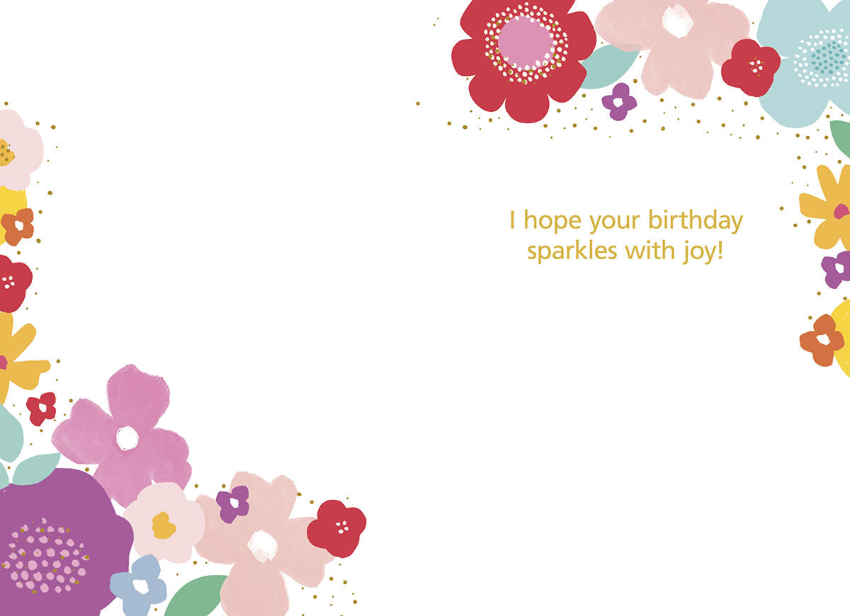 Inside of a Happy Birthday card with the message 'I hope your birthday sparkles with joy!' in gold text, framed by colorful floral accents.