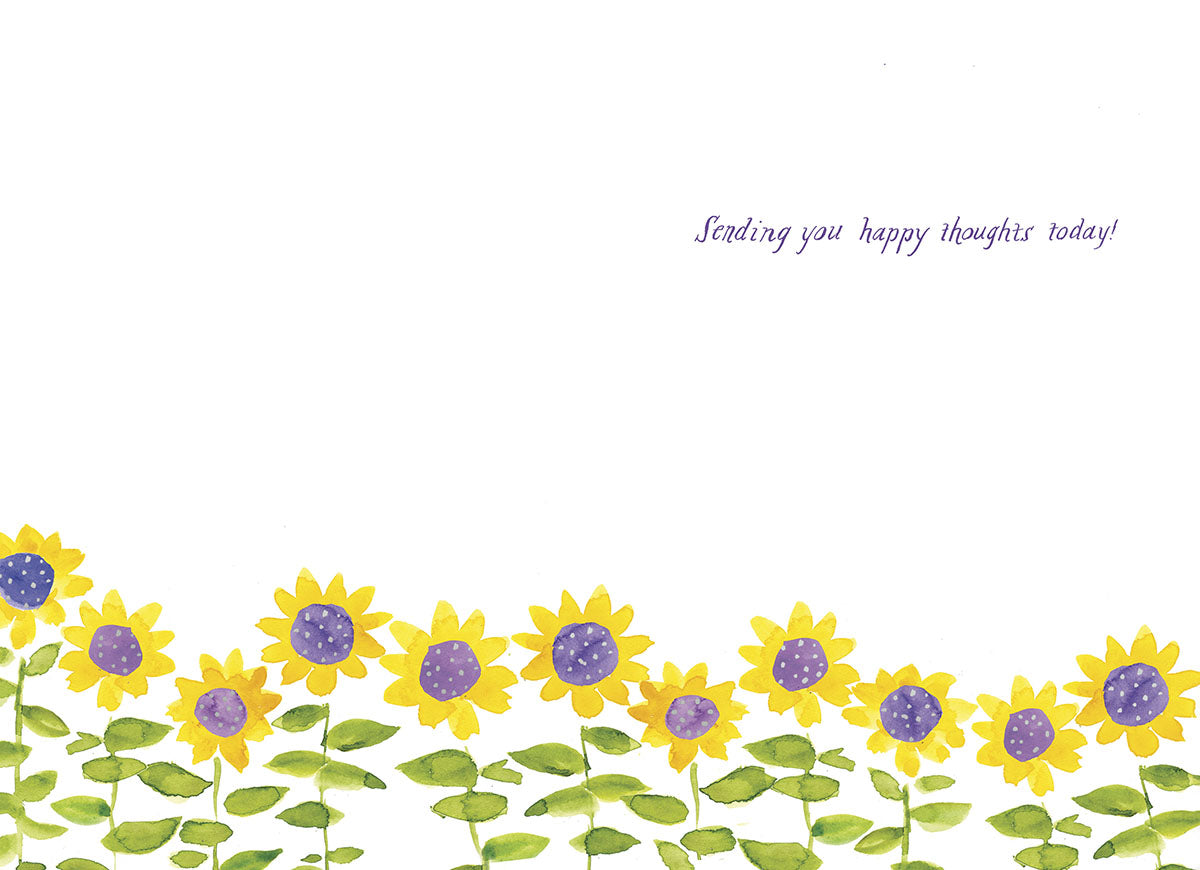 Inside of a greeting card showing a border of watercolor sunflowers and a printed message: 'Sending you happy thoughts today!'