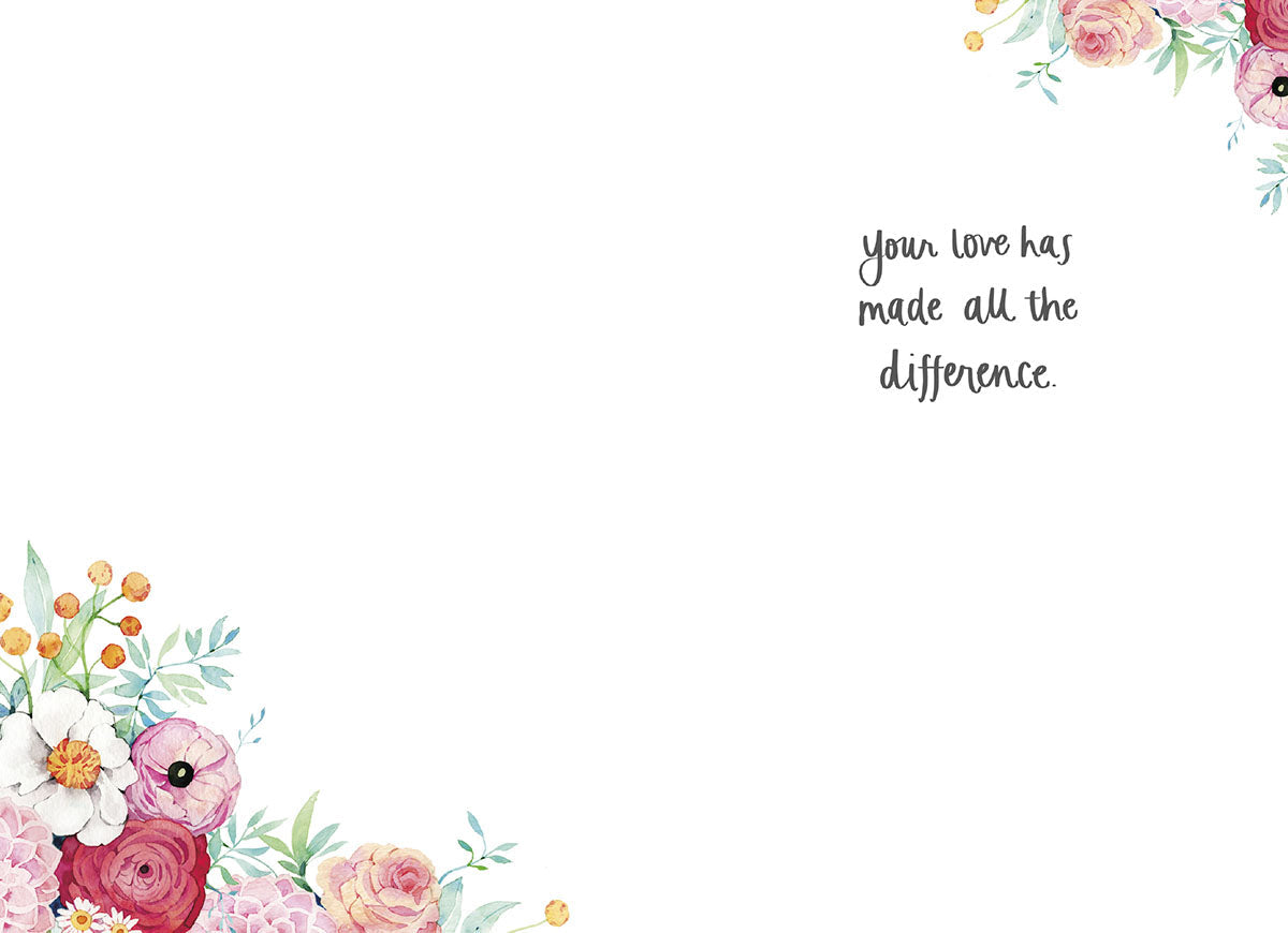 Inside of a Mother's Day card, showing "Your love has made all the difference." surrounded by watercolor floral corners.