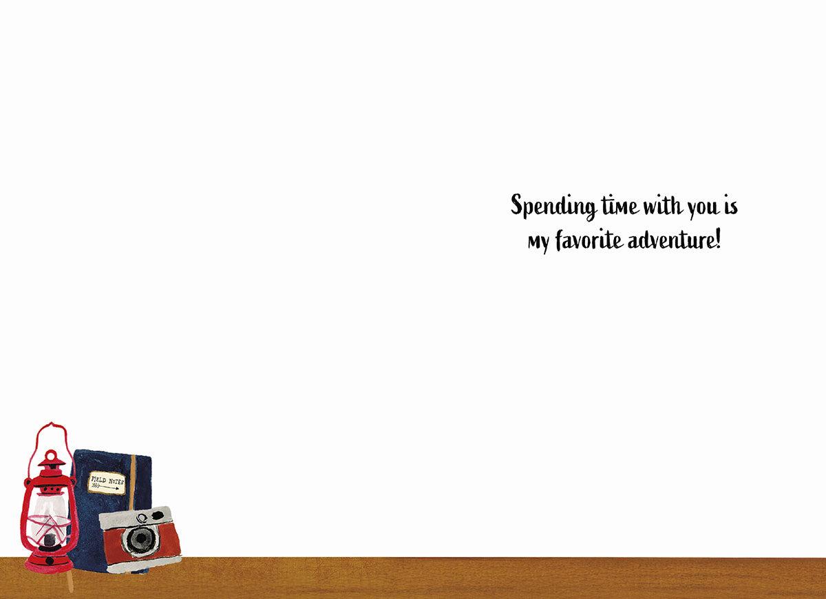 Inside of Father's Day greeting card with text 'Spending time with you is my favorite adventure!' and small outdoor gear.