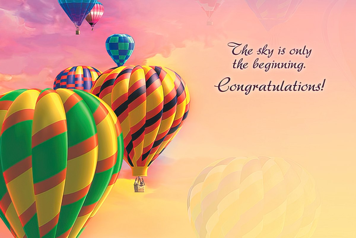Inside of a congratulatory greeting card showing colorful hot air balloons and the message 'The sky is only the beginning. Congratulations!'