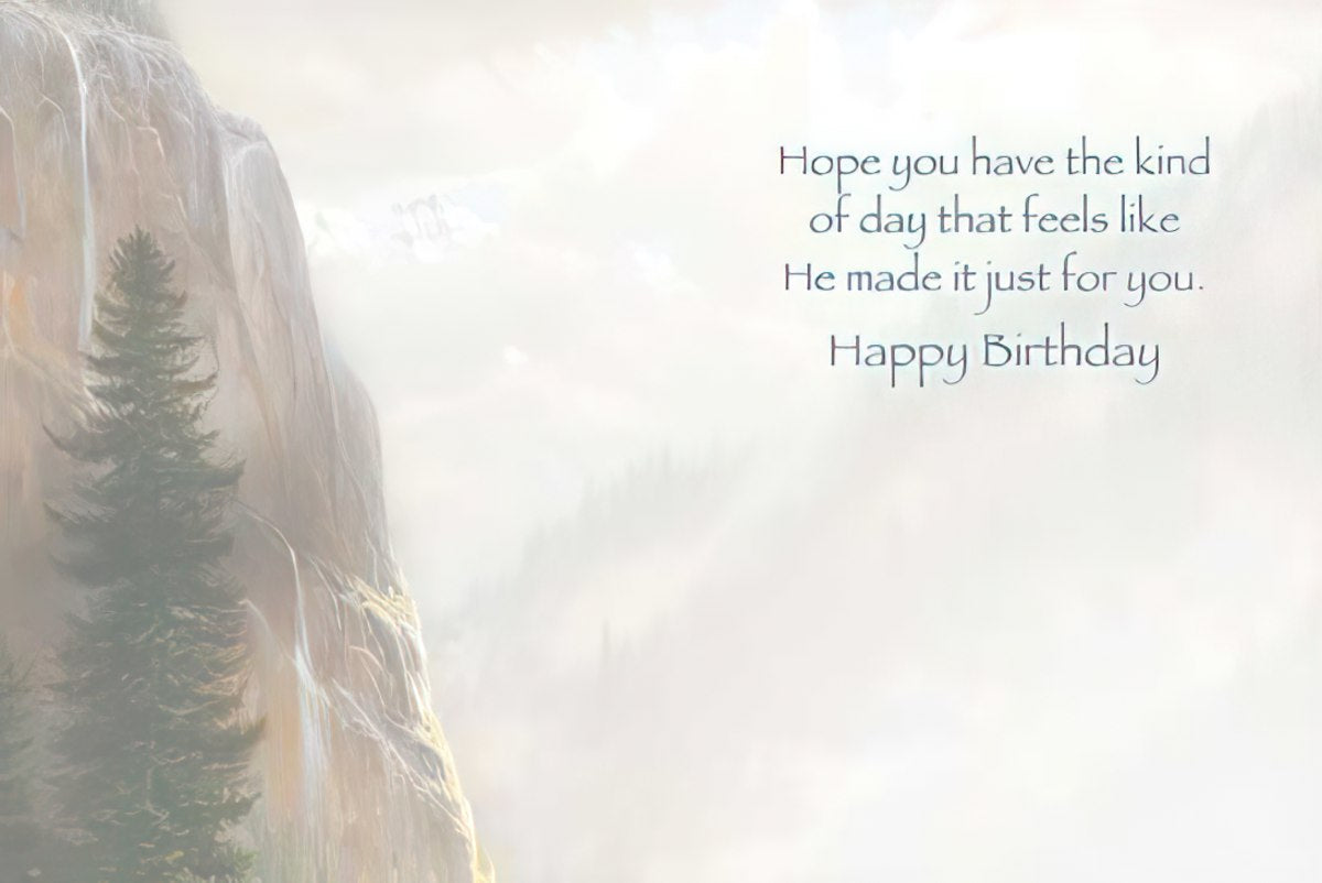 Inside of religious birthday card showing a peaceful mountain scene and heartfelt 'Happy Birthday' message.