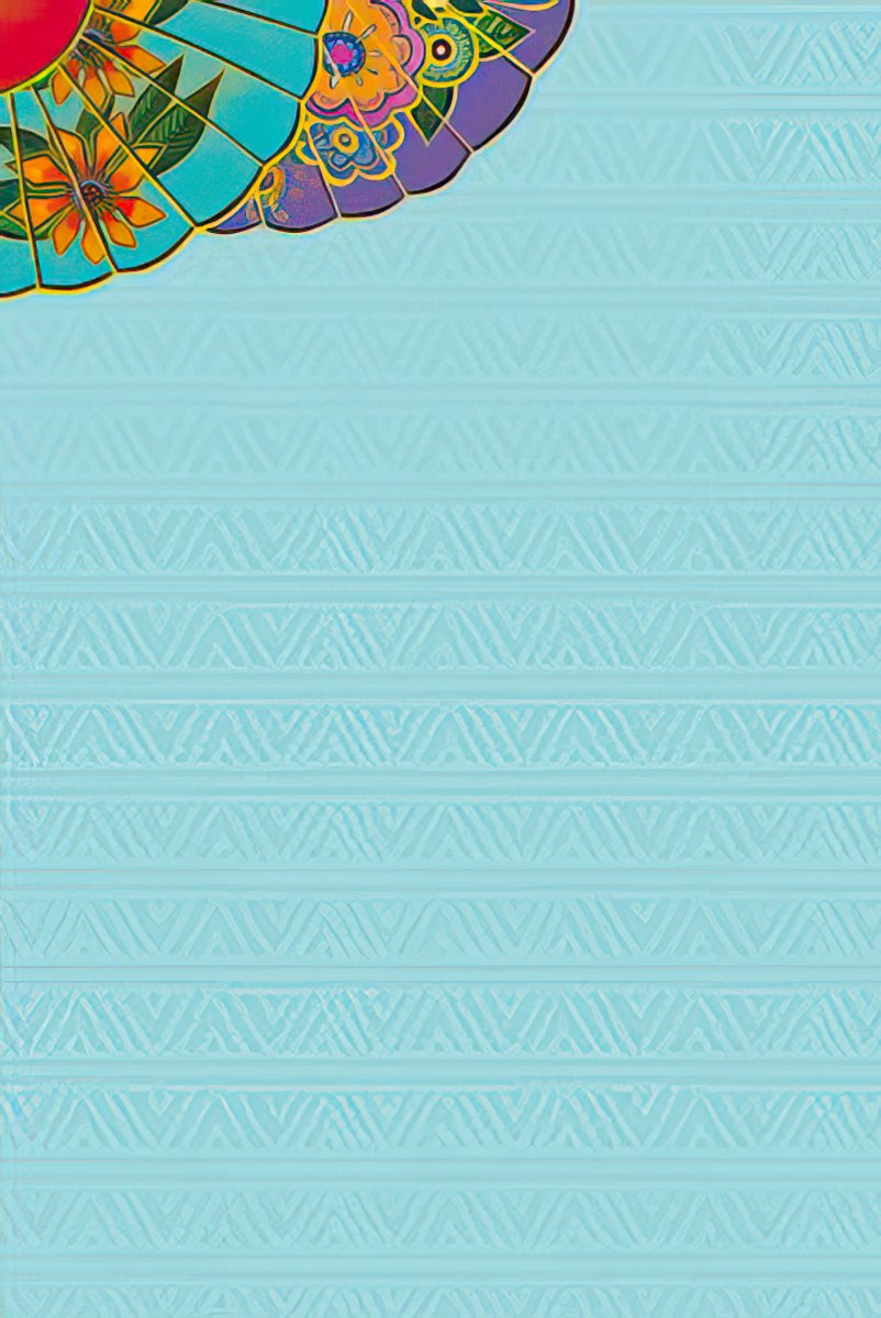 Inside view of a blank greeting card with a light blue patterned background and a corner of the colorful floral fan design.