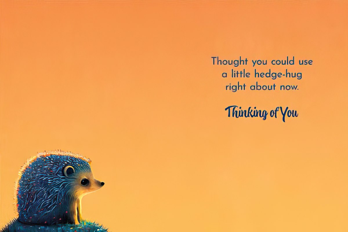 The inside of an orange greeting card with a small blue hedgehog and text: 'Thought you could use a little hedge-hug right about now. Thinking of You'.