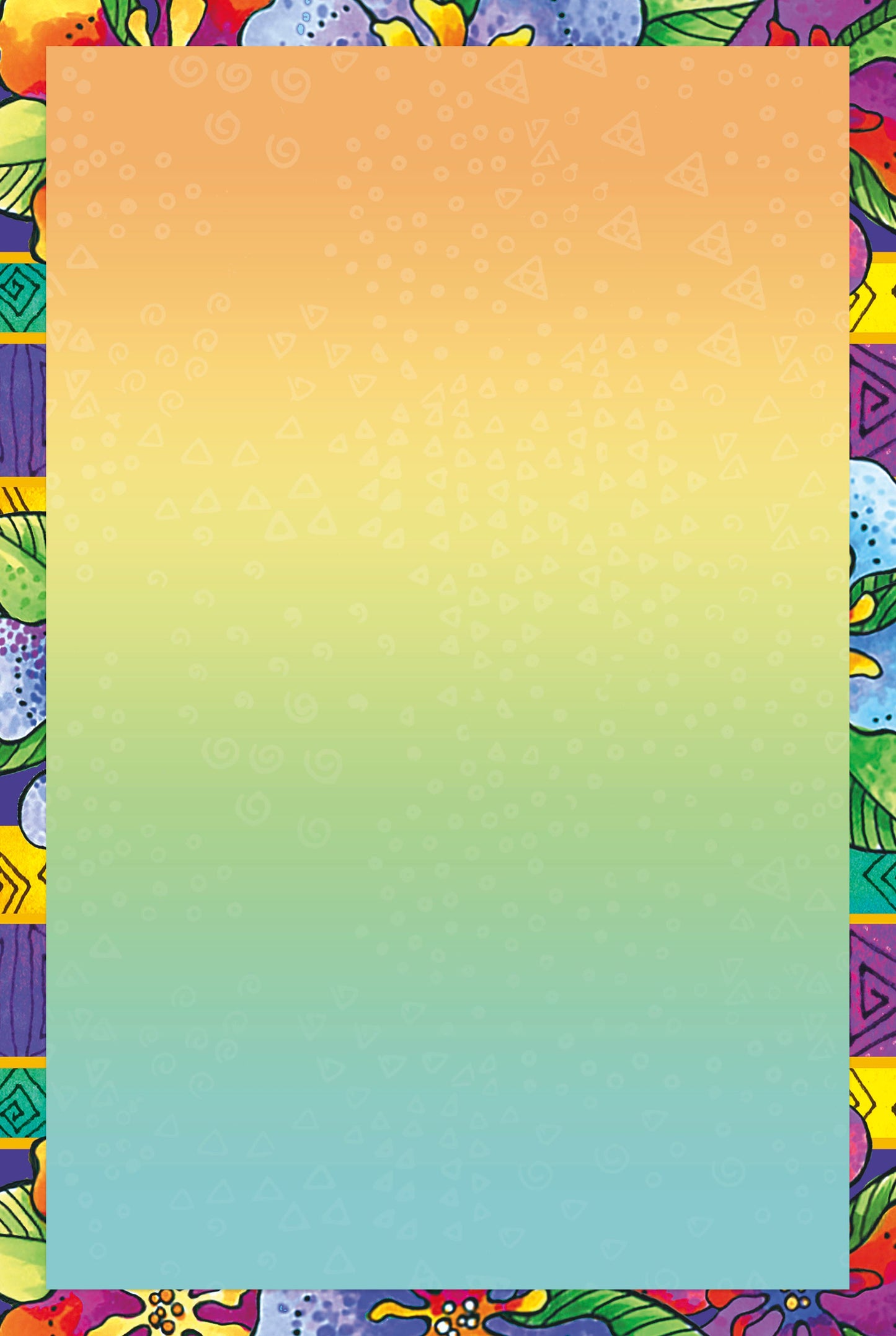 Inside of a thank you card with a colorful floral border, featuring a gradient background from orange to blue with subtle patterns.