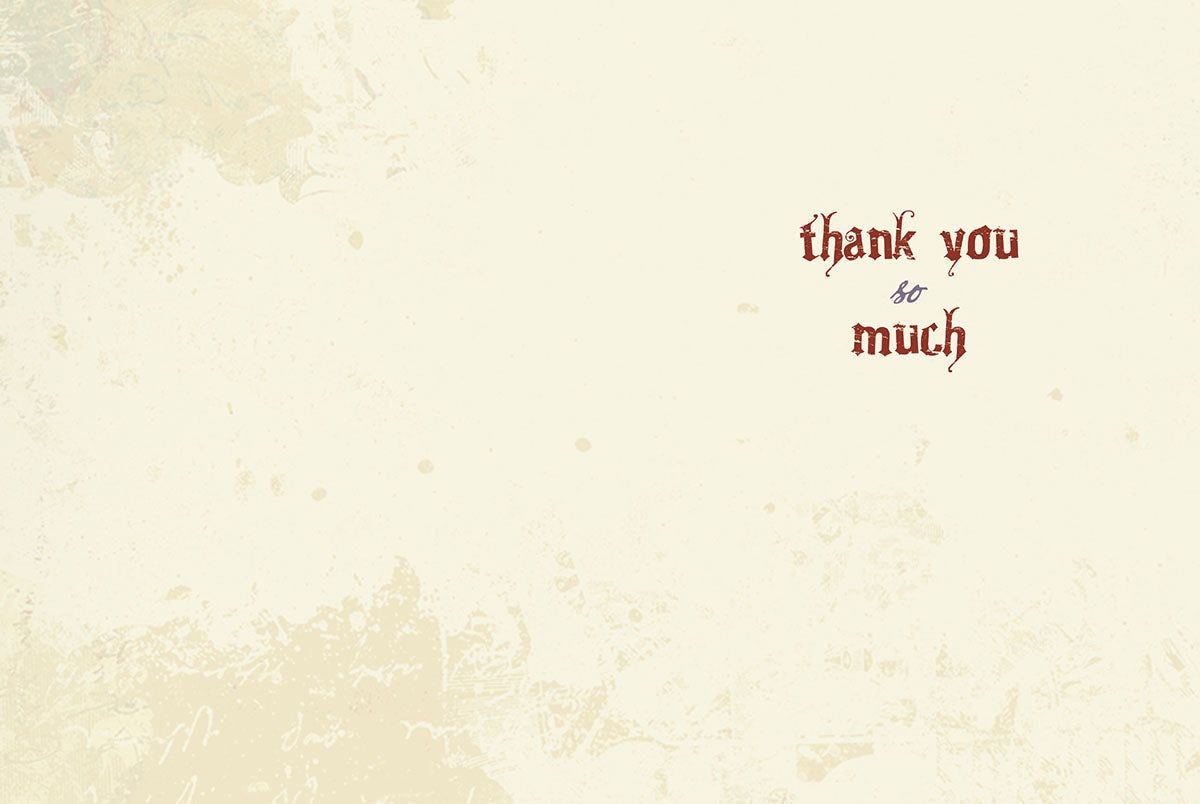 Inside view of the 'Above & Beyond' thank you card, showing the heartfelt message 'thank you so much' in a decorative script.