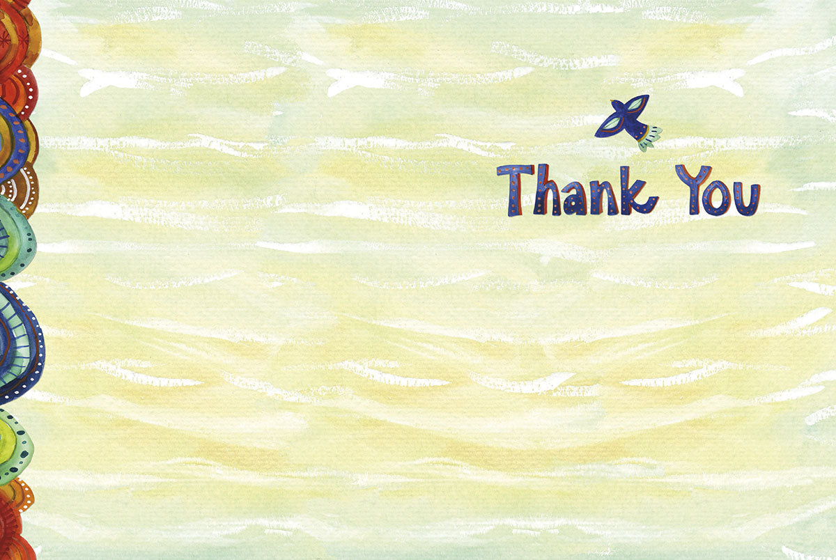 Inside of a 'Kind People' thank you card, showing a light watercolor background and 'Thank You' in blue with a small butterfly.