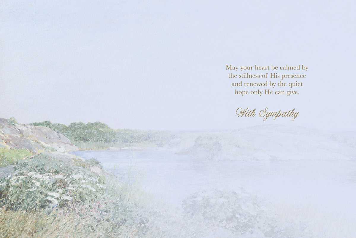 Inside a religious sympathy card, showing a serene inlet landscape with comforting scripture and 'With Sympathy'.