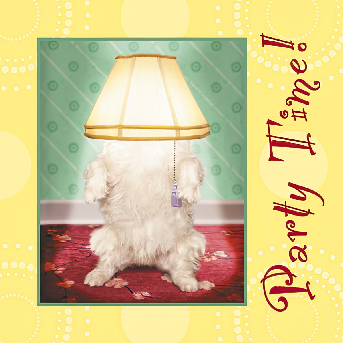 Funny cocktail napkin showing a white fluffy dog wearing a lampshade on its head against a green and yellow background.