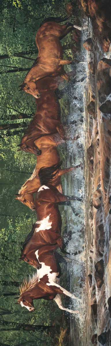 Five majestic wild horses with brown and pinto coats galloping through a shallow river surrounded by lush green trees, creating splashes.