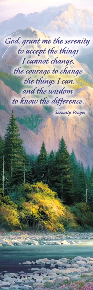 Serenity Prayer bookmark featuring a serene mountain landscape with evergreen forests, a tranquil river, and the Serenity Prayer text.