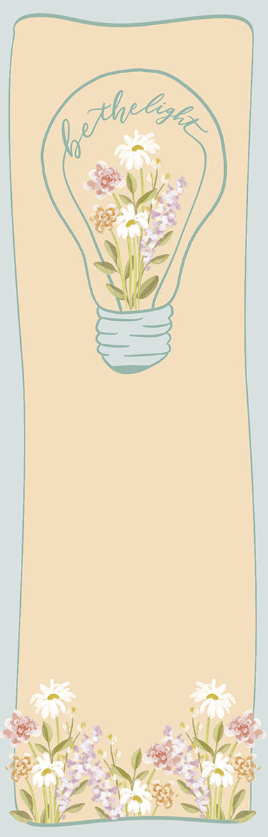 Be the Light floral lightbulb bookmark with daisies and wildflowers on a pale yellow background framed by light blue.