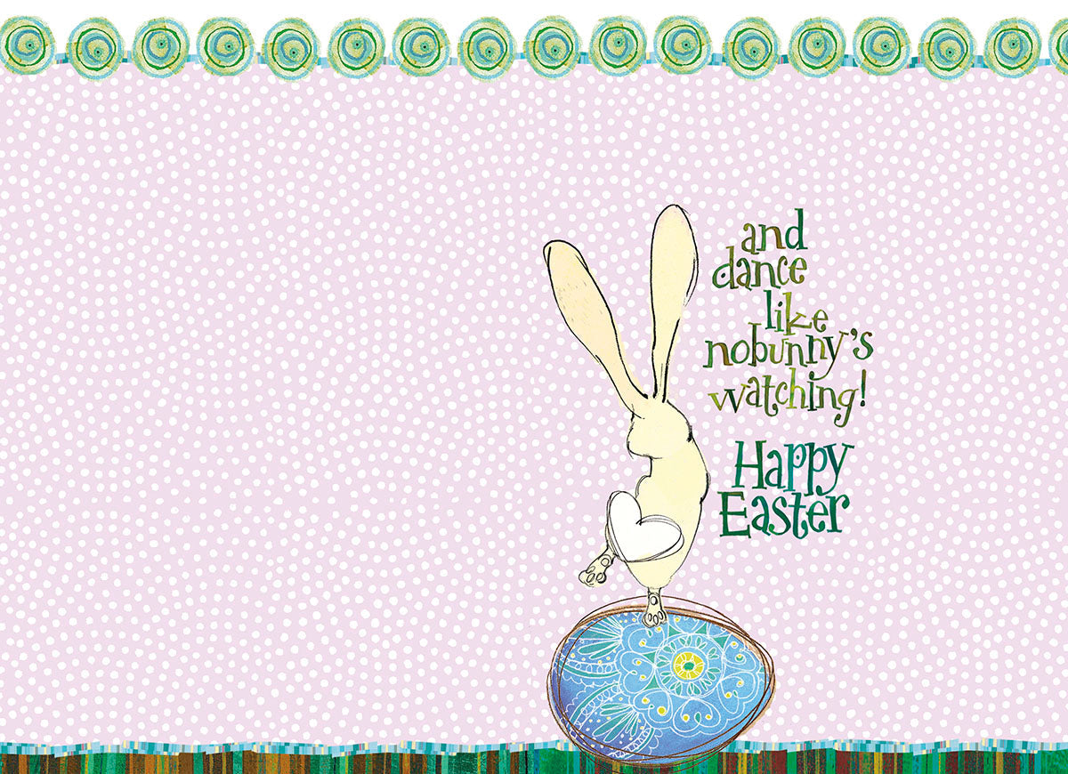 Inside of a lighthearted Easter card with a bunny on an egg and the message 'and dance like nobunny's watching! Happy Easter'.