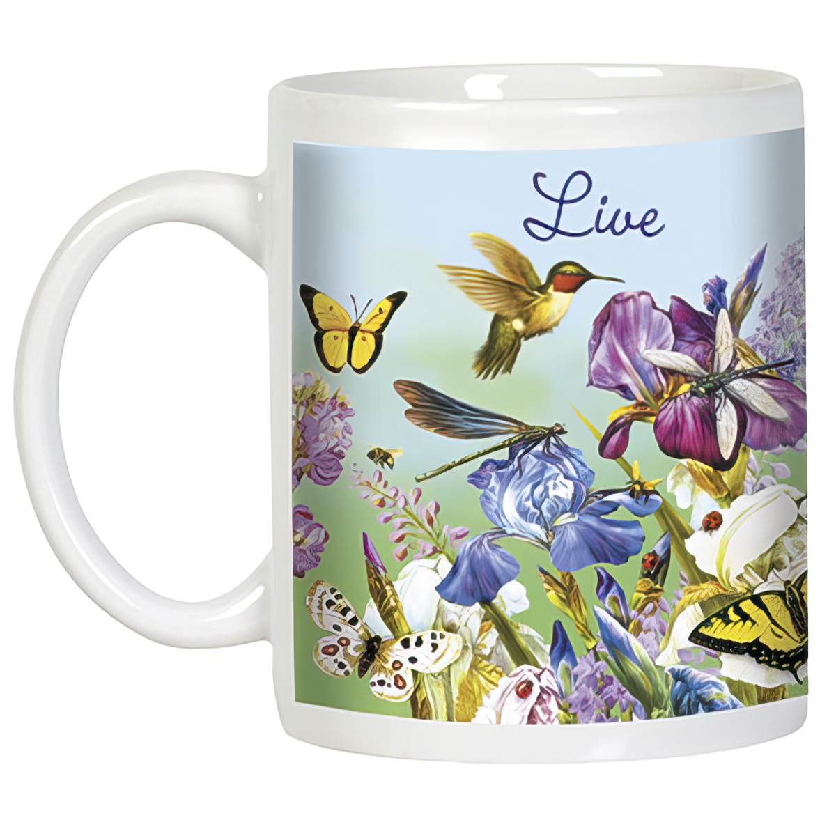 White ceramic mug displaying a 'Live' message, colorful iris flowers, a hummingbird, and multiple butterflies in flight.