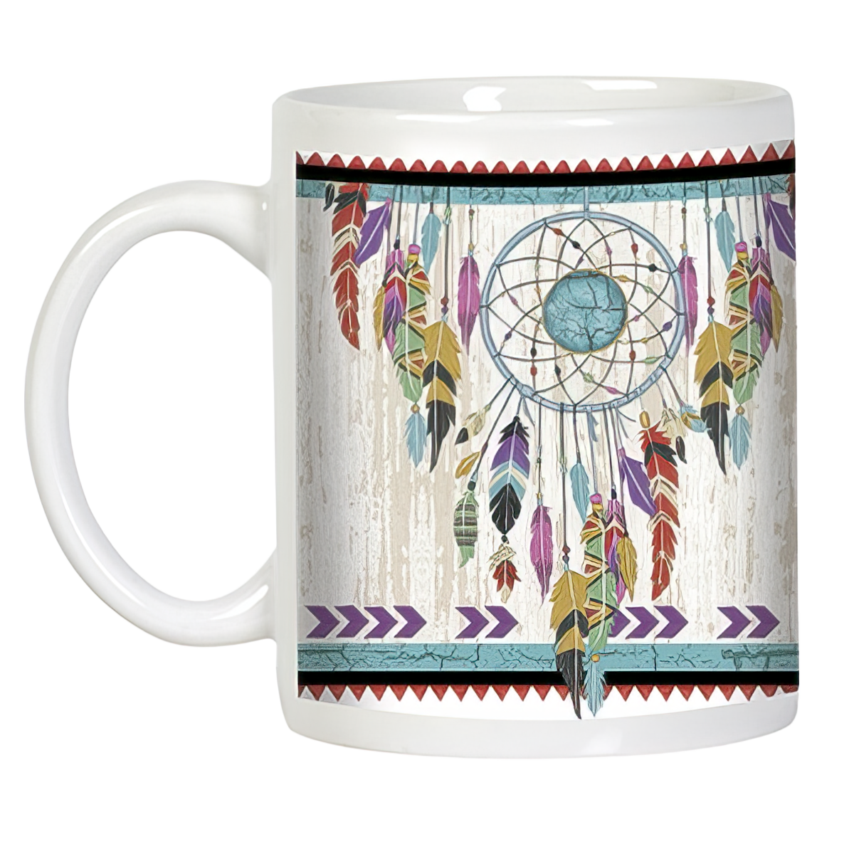 Angled view of white mug with vibrant dreamcatcher design and feathered accents, perfect for daily inspiration.