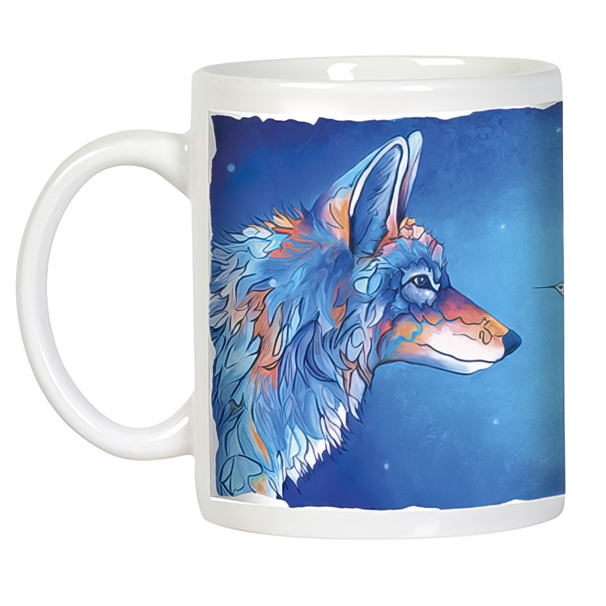 Full view of the Friendship Mug with a stunning blue wolf illustration and a small hummingbird detail, ideal for a gift.