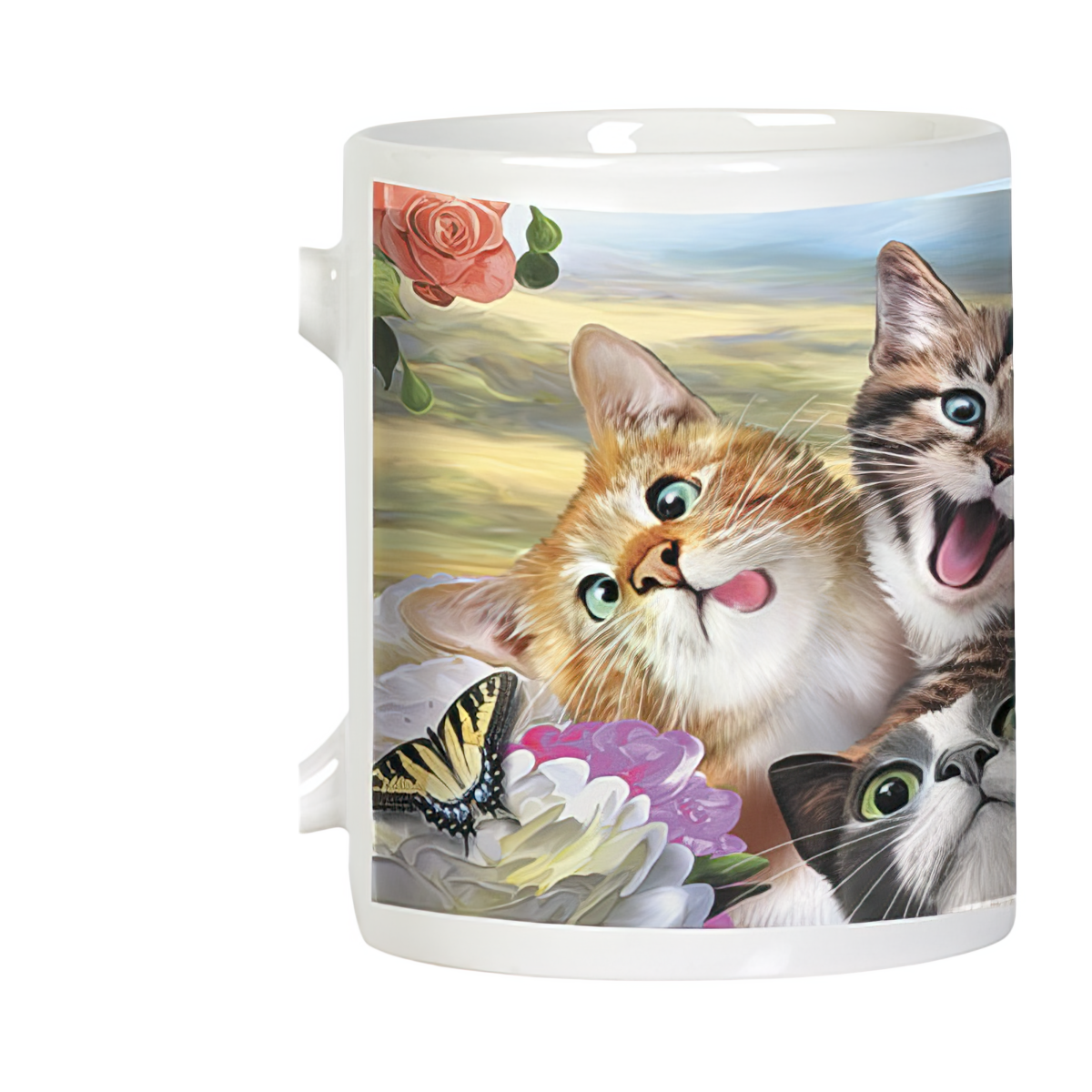Another side view of the 'Smile!' mug with playful kittens, one licking its lips, and a butterfly on a floral background.